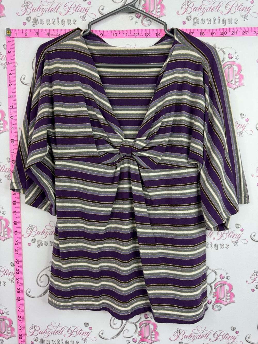 RENUAR y2k top fairy Knot-Front V-Neck Tunic in Purple and Cream Stripe